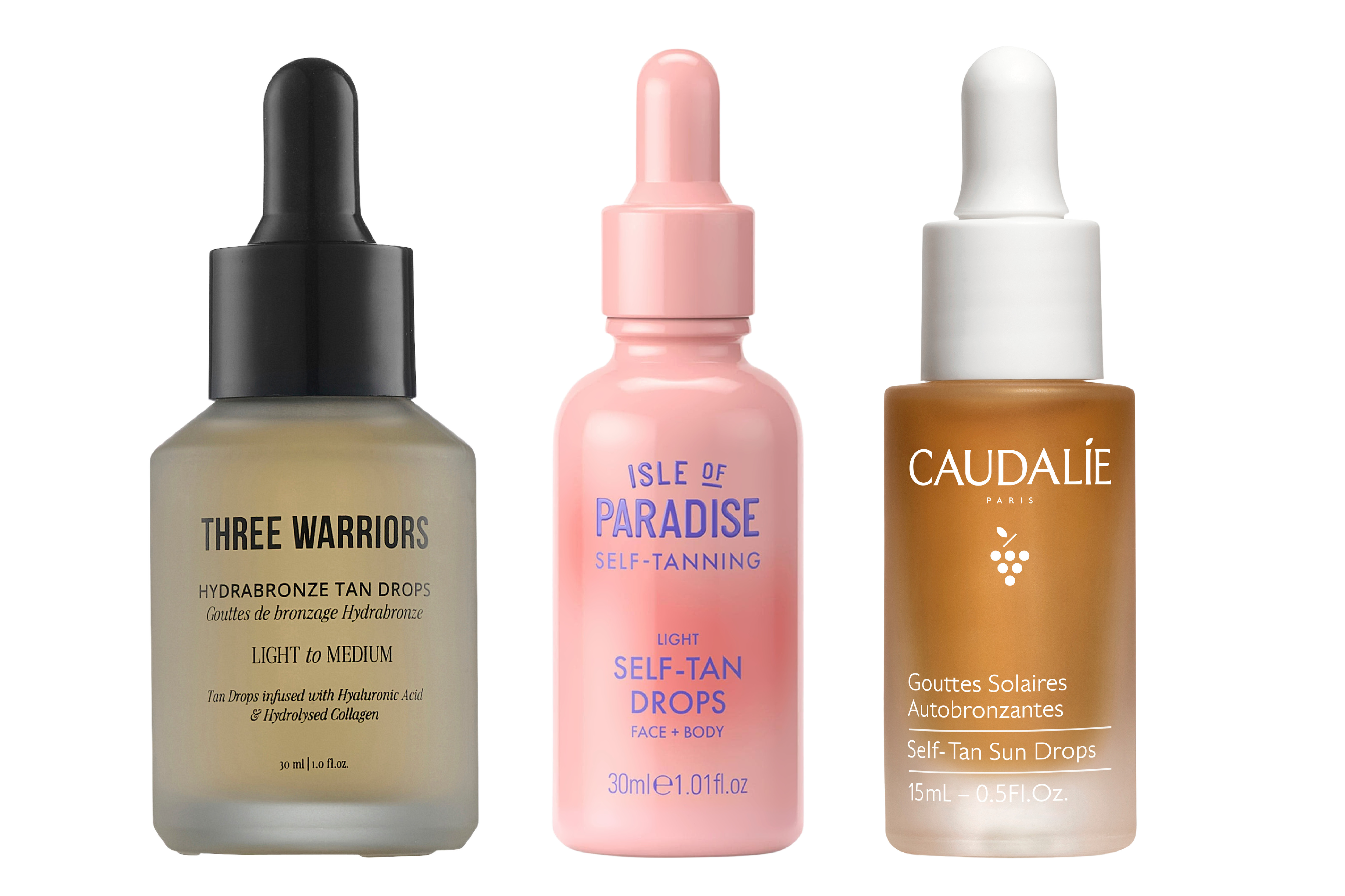 Three bottles of self-tanning drops.