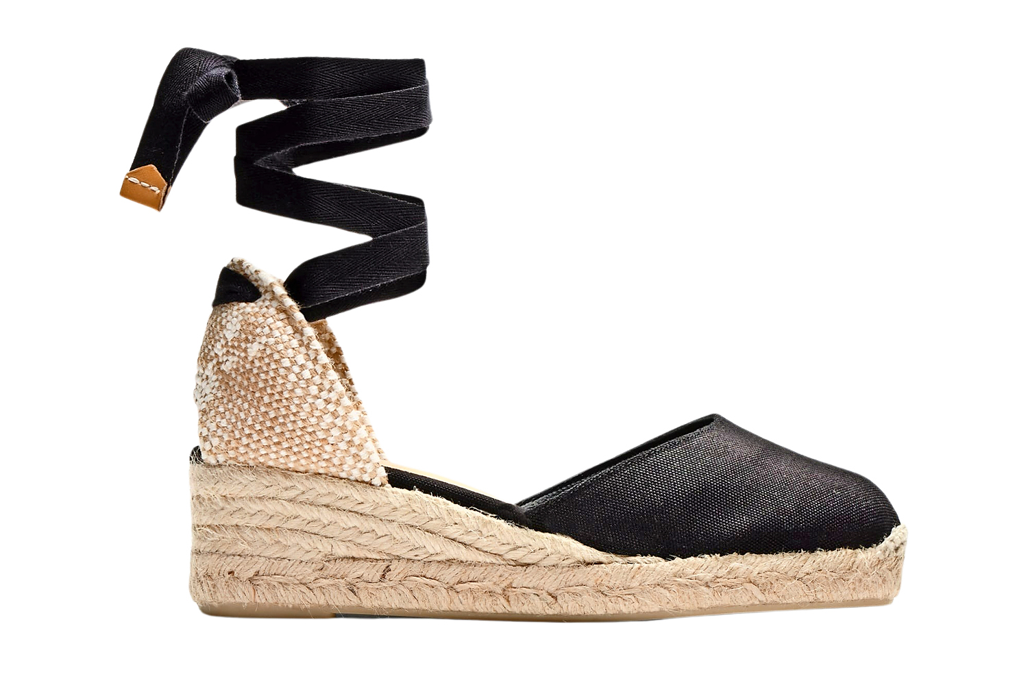 Black platform espadrille sandals with ankle ties.