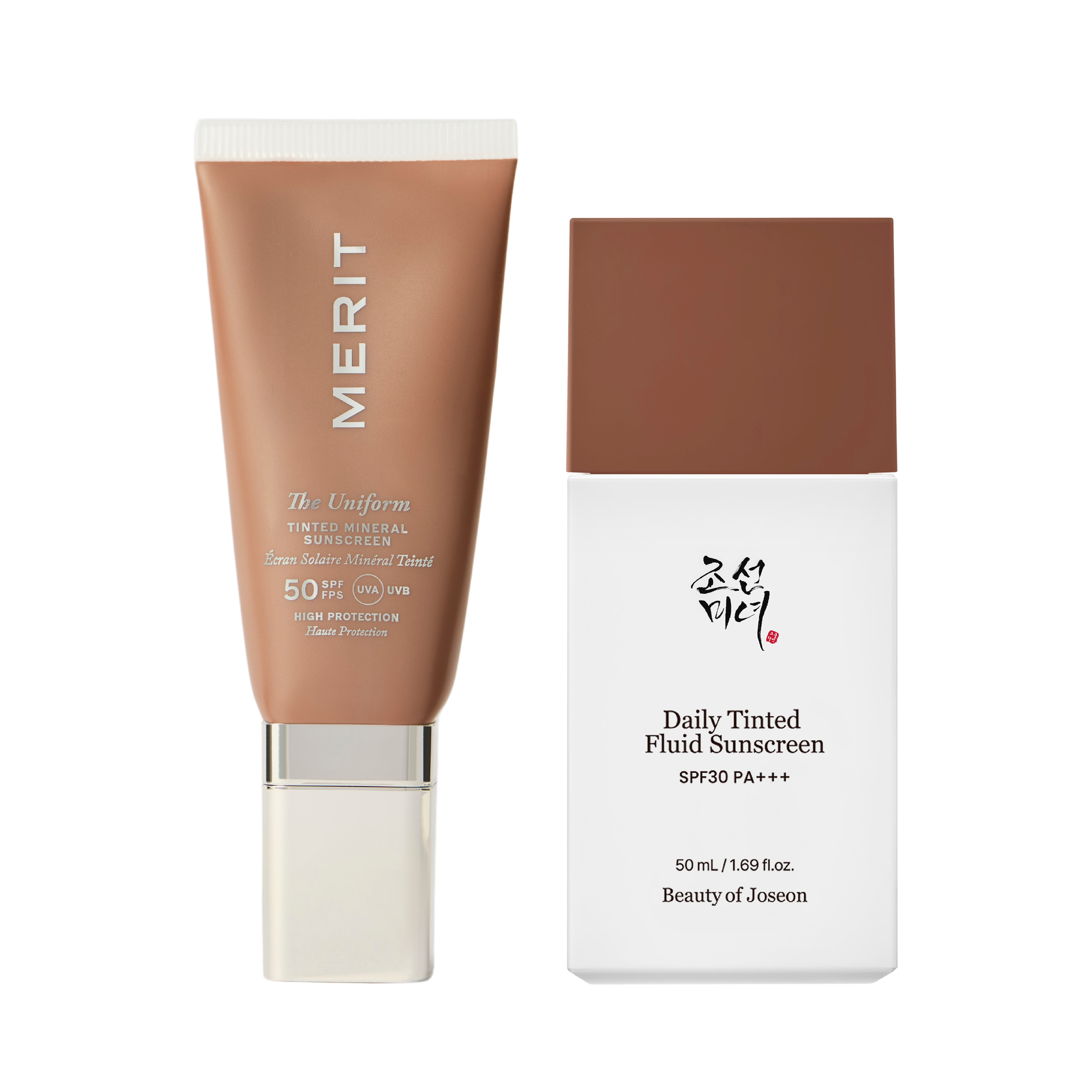 Merit tinted mineral sunscreen and Beauty of Joseon daily tinted fluid sunscreen.