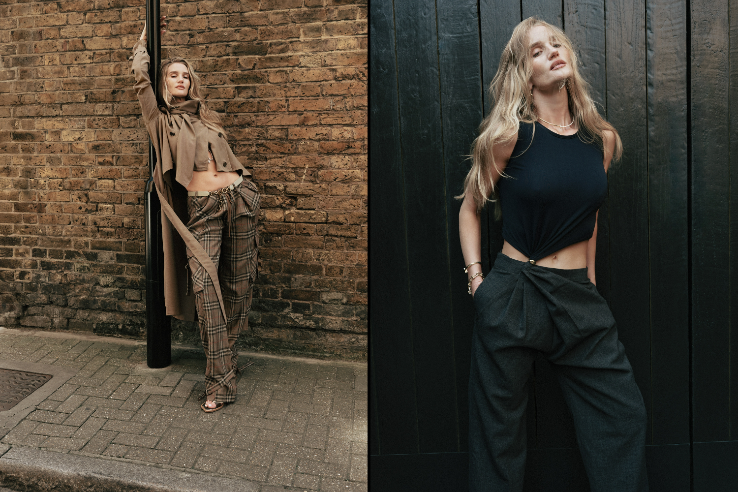 Diptych of a model in two different outfits.