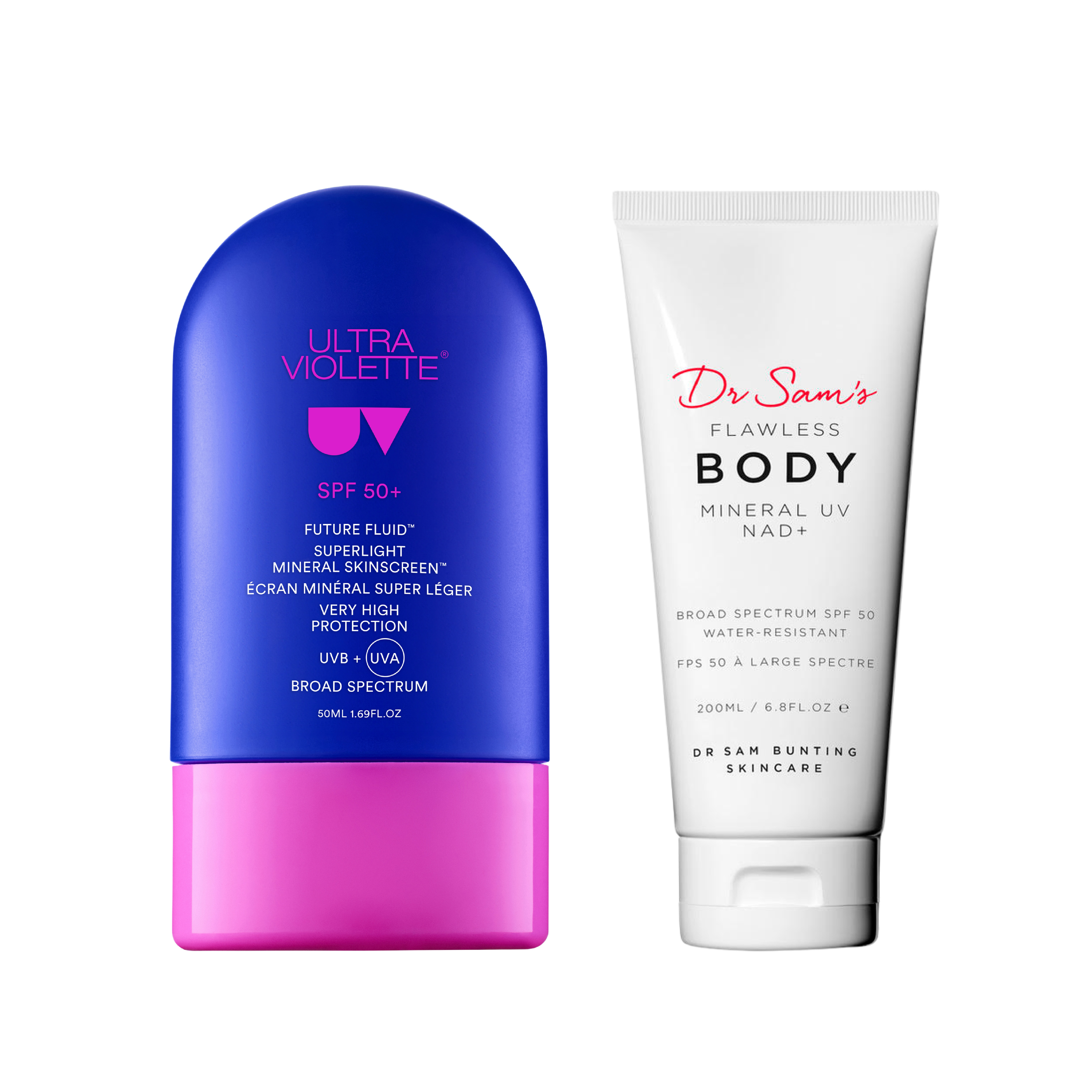 Ultra Violette sunscreen and Dr. Sam's Flawless Body sunscreen.