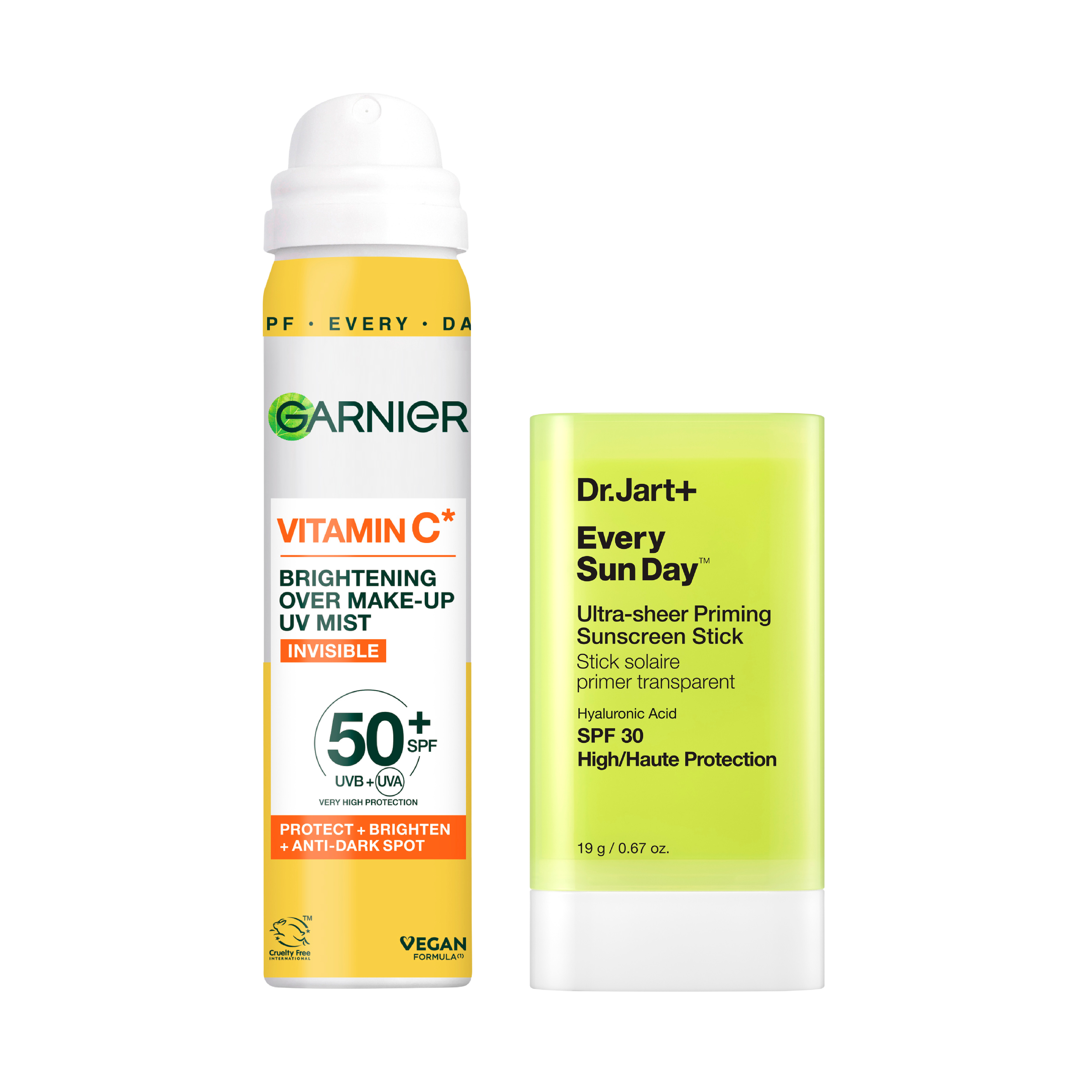 Garnier Vitamin C brightening UV mist and Dr.Jart+ Every Sun Day sunscreen stick.