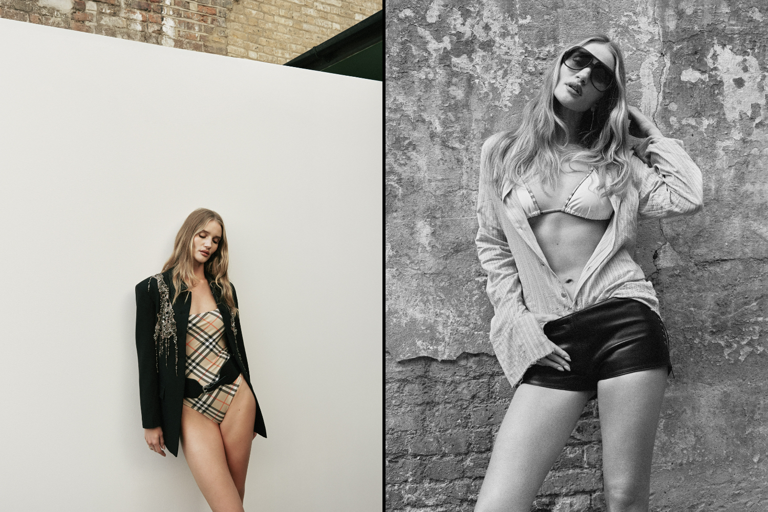 Diptych of a woman in a Burberry swimsuit and blazer, and the same woman in a bikini top, open shirt, and leather shorts.
