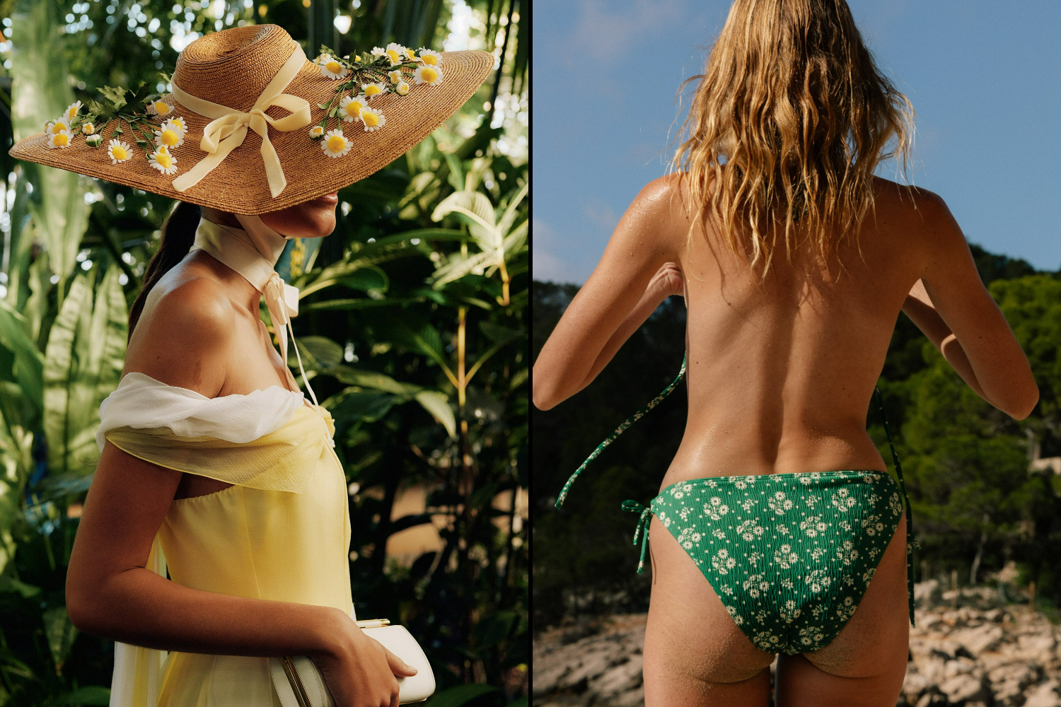 Collage of a woman in a straw hat and yellow dress and a woman putting on a green floral bikini.