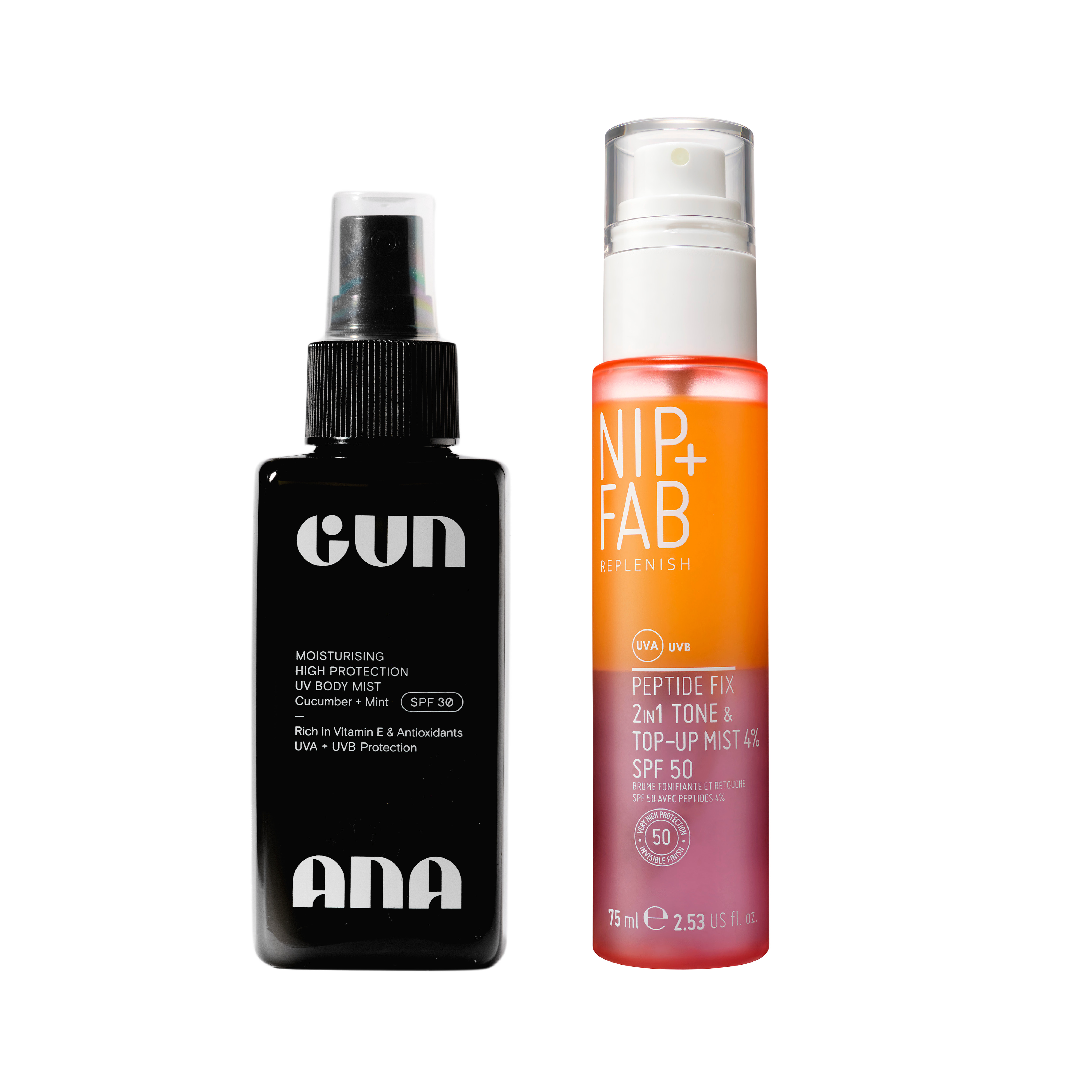 Two bottles of skincare products.