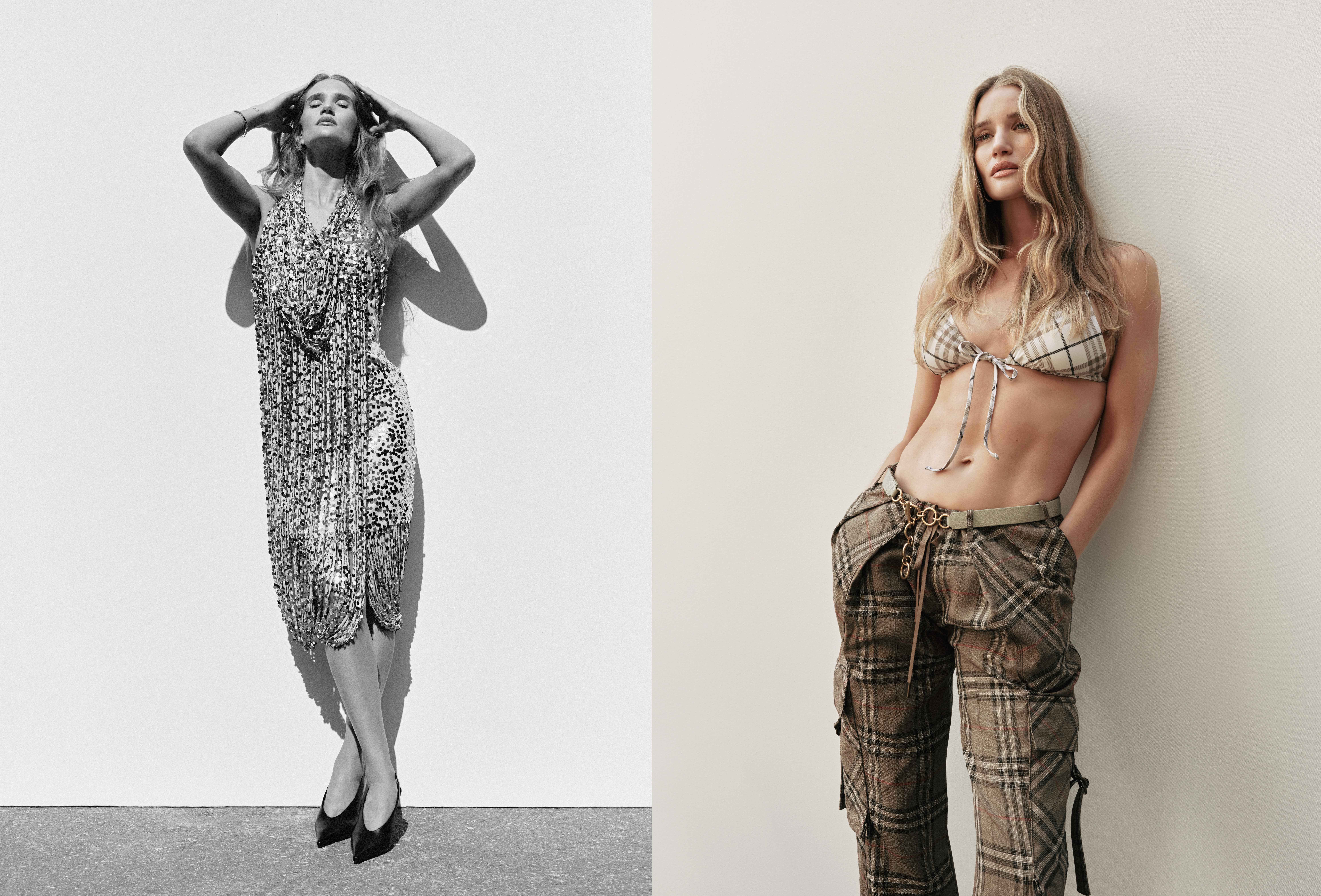Diptych of a woman in a sequined dress and a woman in a plaid bikini and cargo pants.