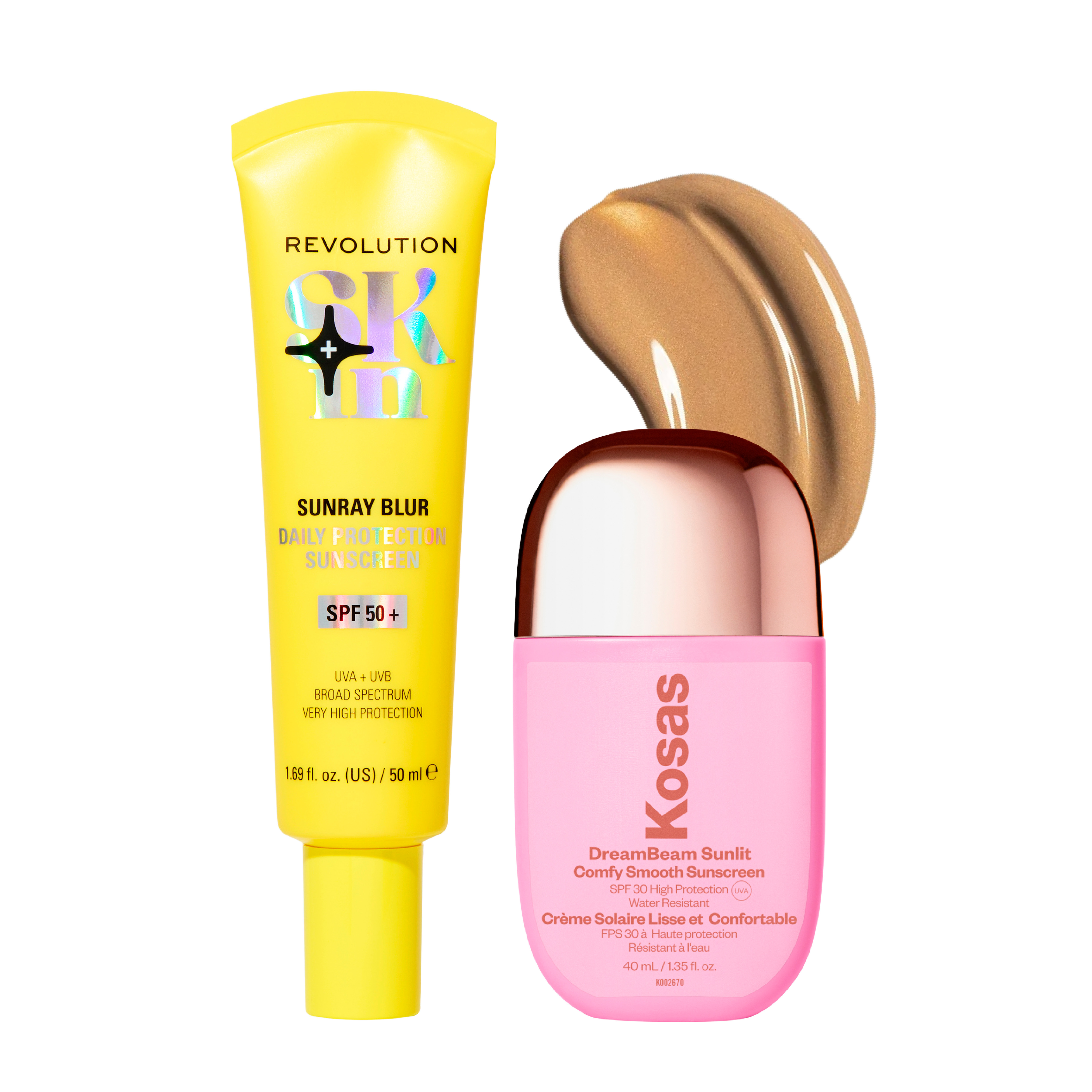 Revolution Sunray Blur SPF 50+ sunscreen and Kosas DreamBeam Sunlit SPF 30 sunscreen.