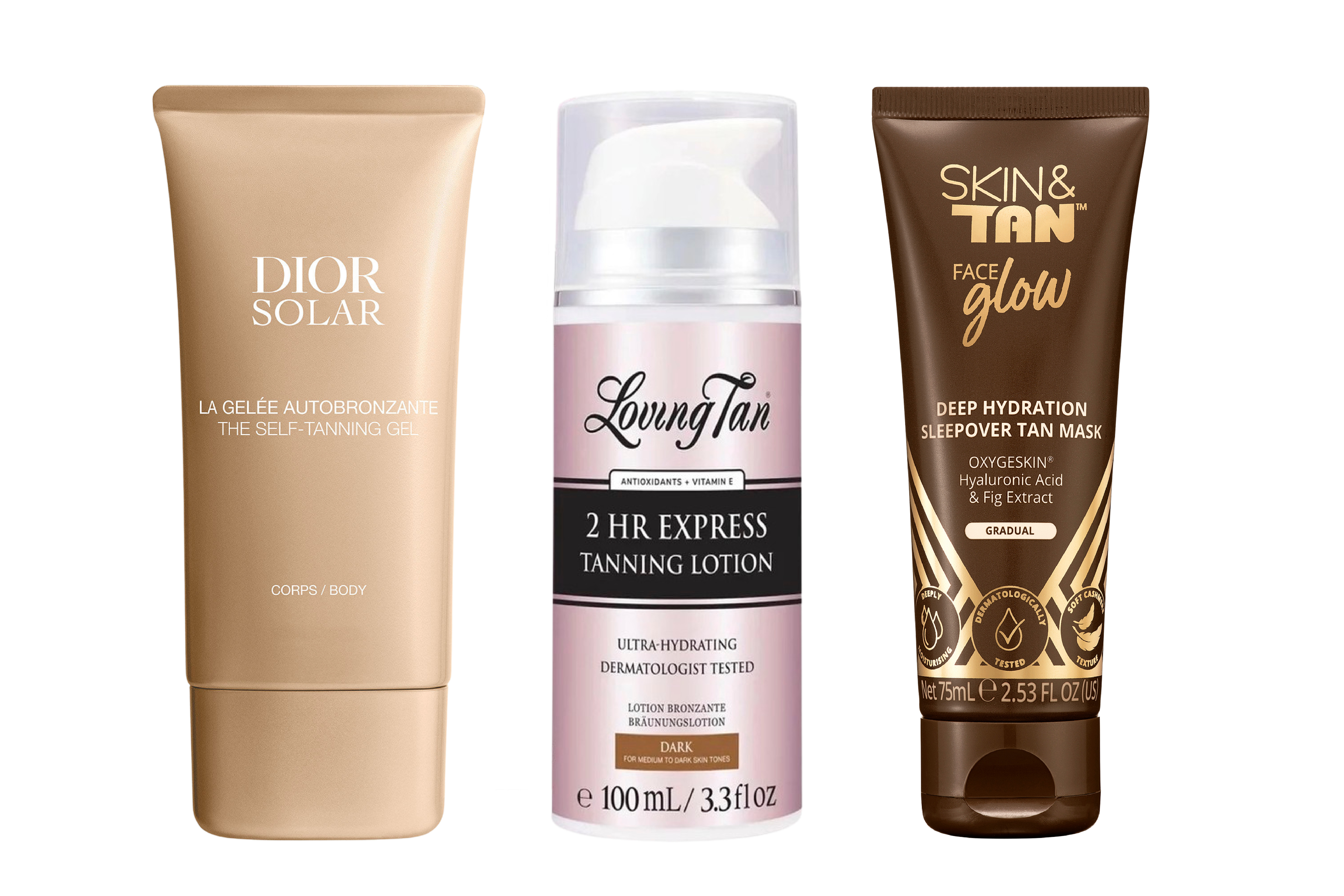 Three self-tanning products: Dior Solar self-tanning gel, Loving Tan 2-hour express tanning lotion, and Skin & Tan Face Glow deep hydration sleep mask.