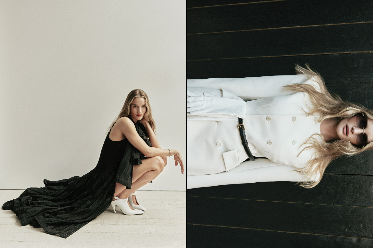 Diptych of a model in a black dress and white coat.