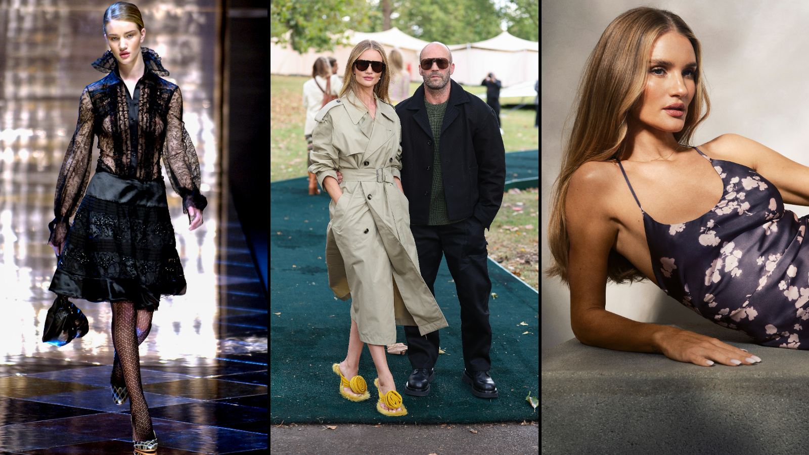 Collage of three images showing Rosie Huntington-Whiteley in different outfits.