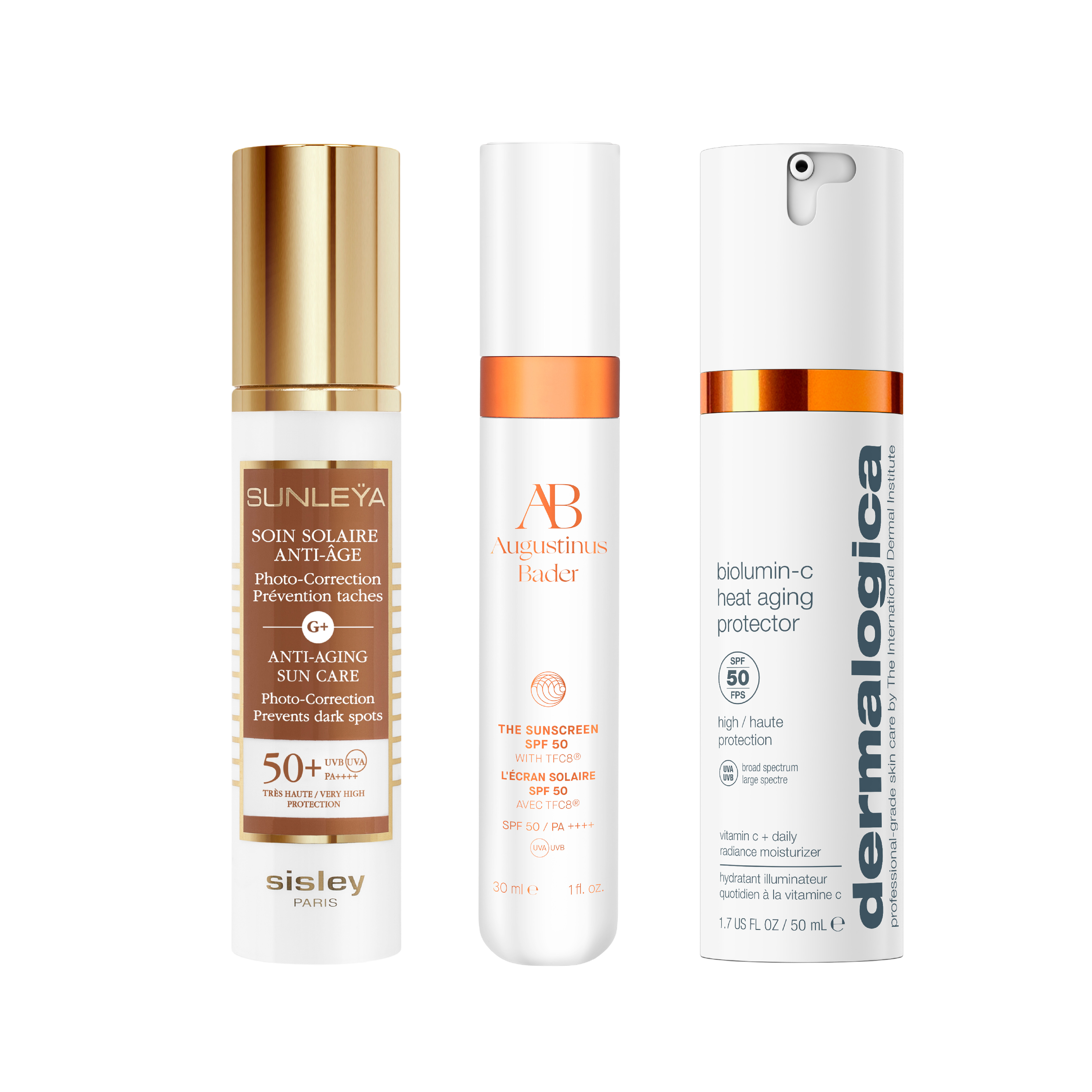 Three bottles of skincare products.