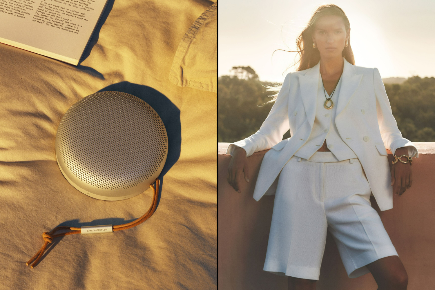 Collage of a Bang & Olufsen speaker and a woman in a white suit.