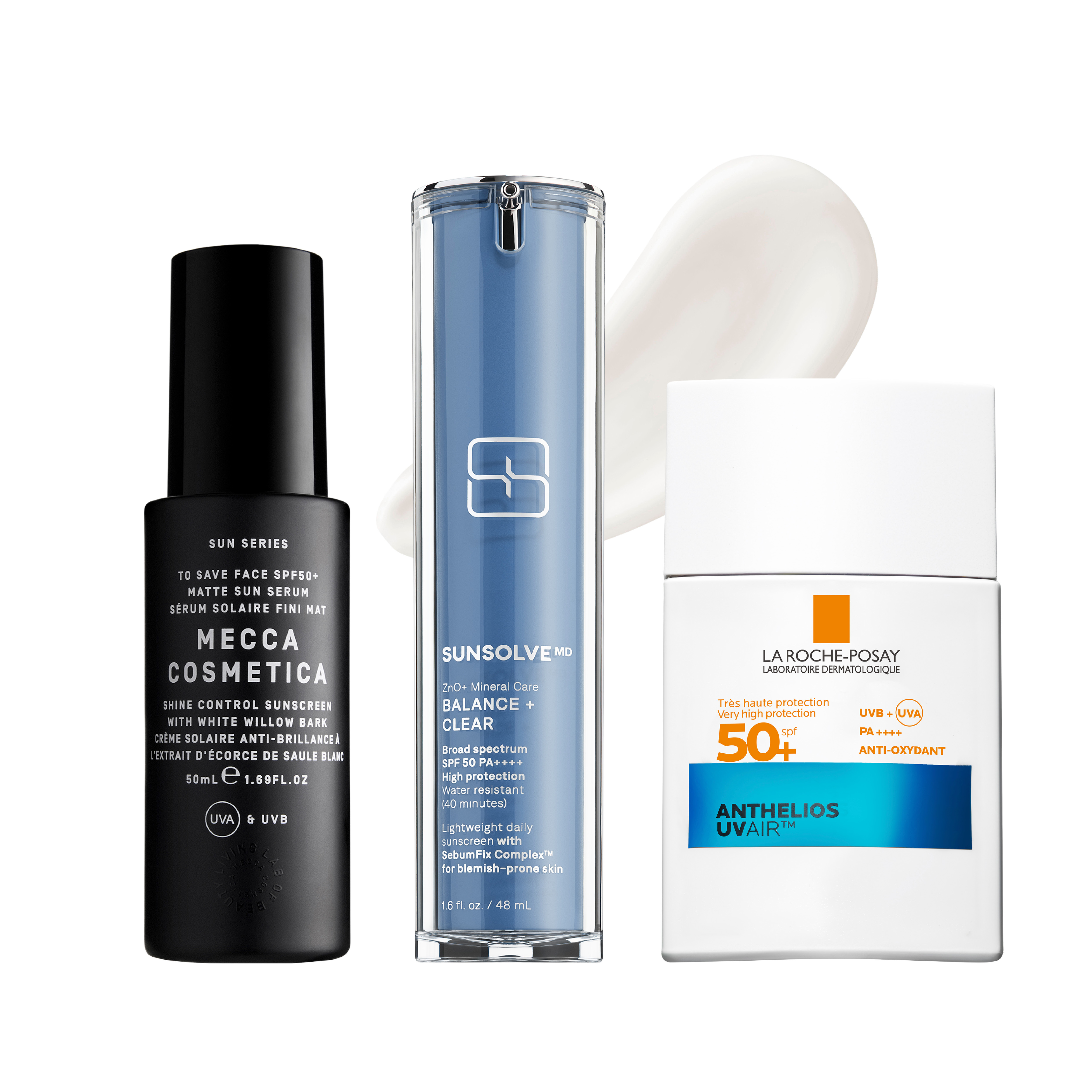 Three bottles of sunscreen: Mecca Cosmetica Shine Control Sunscreen, Sunsolve MD Balance + Clear, and La Roche-Posay Anthelios UVAir.